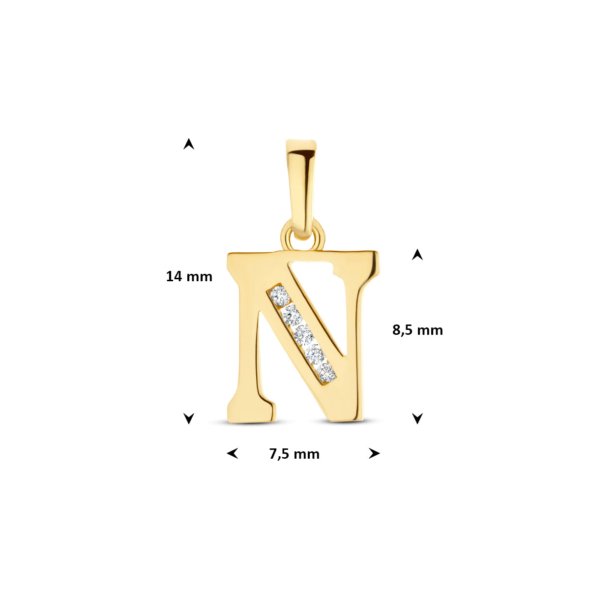 Afmetingen van de letterhanger goud van 14 karaat met zirkonia, letter N: 14 mm hoog inclusief oog, 7,5 mm breed