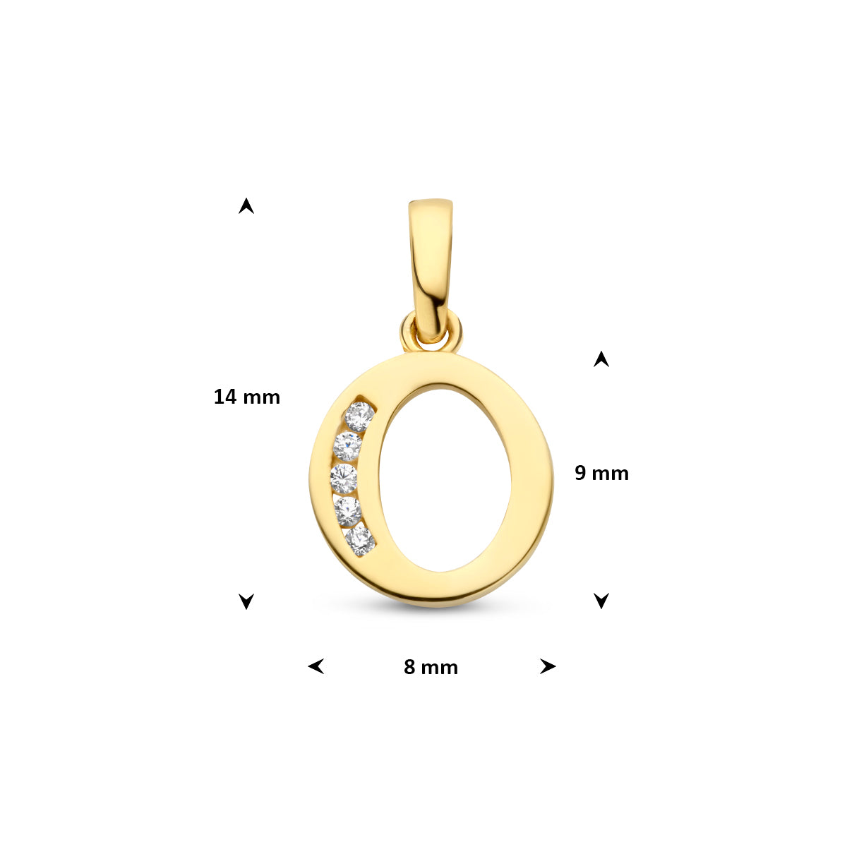 Afmetingen van de letterhanger goud van 14 karaat met zirkonia, letter O: 14 mm hoog inclusief oog, 8 mm breed