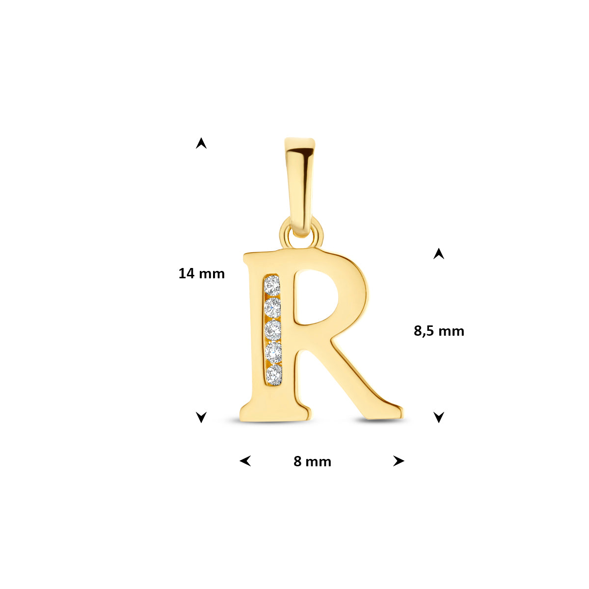Afmetingen van de letterhanger goud van 14 karaat met zirkonia, letter R: 14 mm hoog inclusief oog, 8 mm breed
