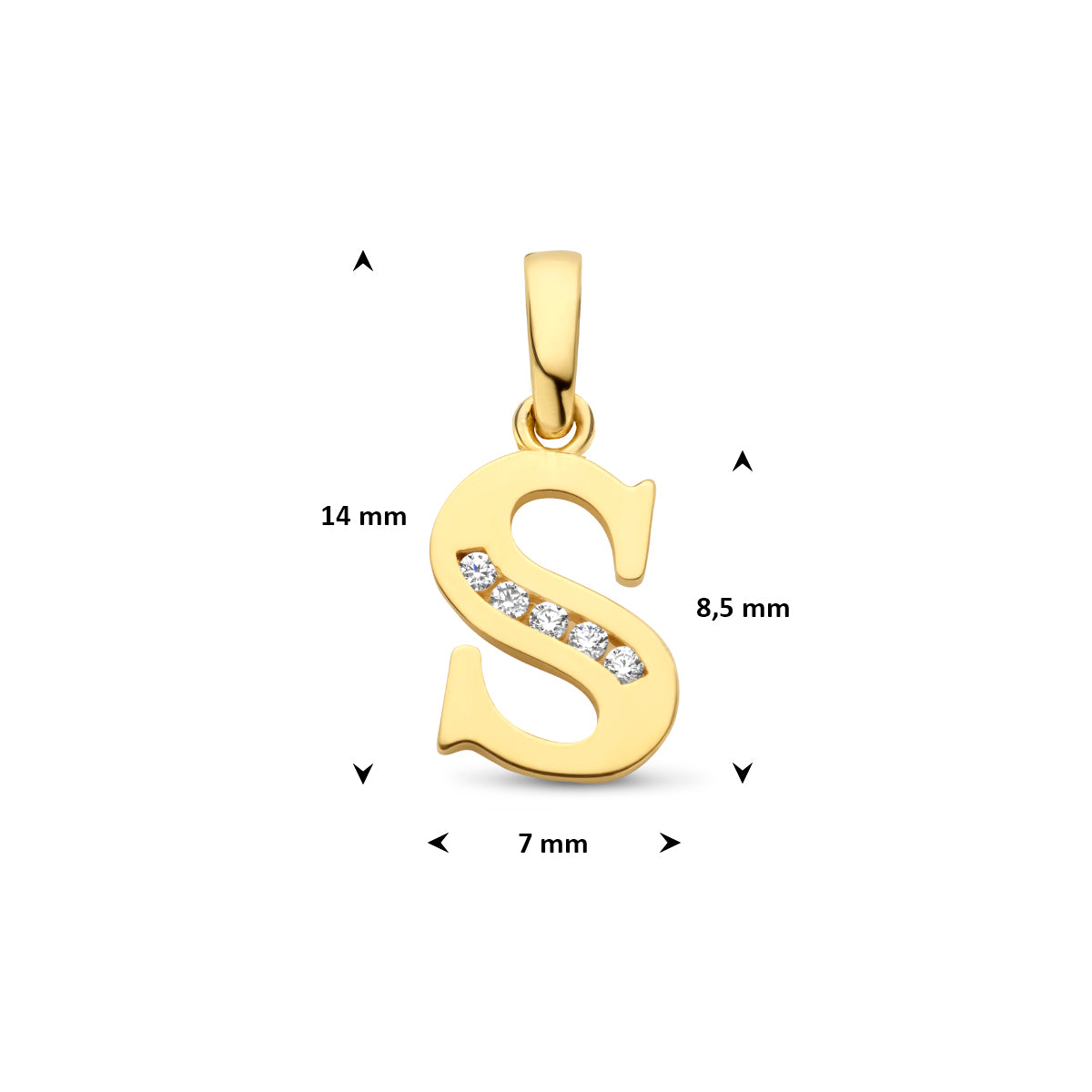 Afmetingen van de letterhanger goud van 14 karaat met zirkonia, letter S: 14 mm hoog inclusief oog, 7 mm breed
