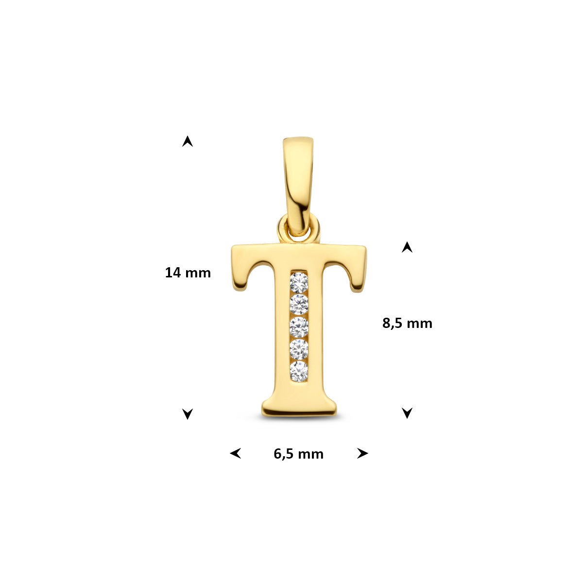 Afmetingen van de letterhanger goud van 14 karaat met zirkonia, letter T: 14 mm hoog inclusief oog, 6,5 mm breed