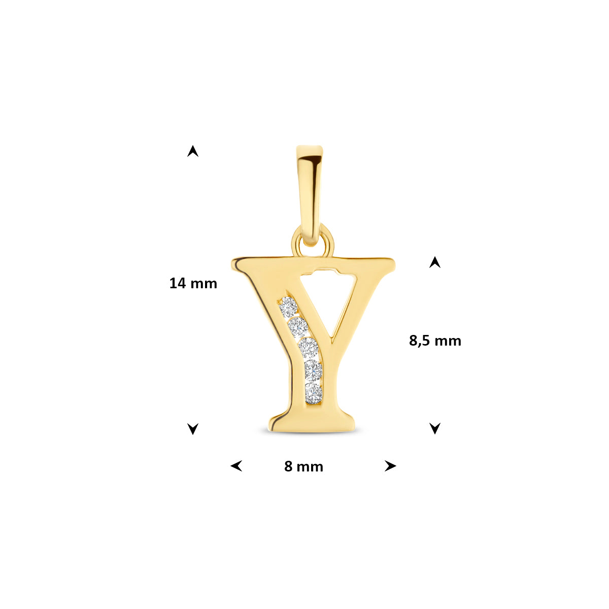 Afmetingen van de letterhanger goud van 14 karaat met zirkonia, letter Y: 14 mm hoog inclusief oog, 8 mm breed