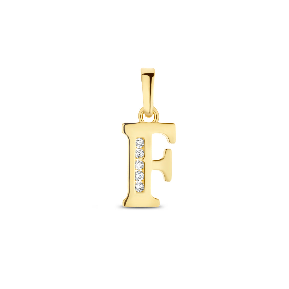 Vooraanzicht van de letterhanger goud van 14 karaat met zirkonia, letter F