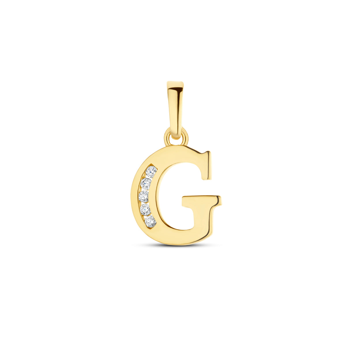 Vooraanzicht van de letterhanger goud van 14 karaat met zirkonia, letter G