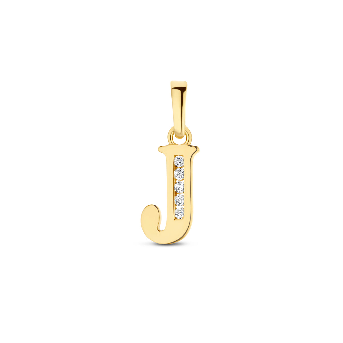 Vooraanzicht van de letterhanger goud van 14 karaat met zirkonia, letter J
