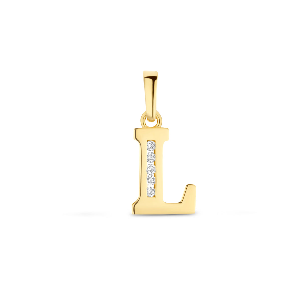 Vooraanzicht van de letterhanger goud van 14 karaat met zirkonia, letter L