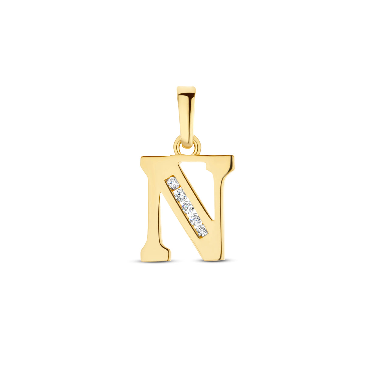 Vooraanzicht van de letterhanger goud van 14 karaat met zirkonia, letter N