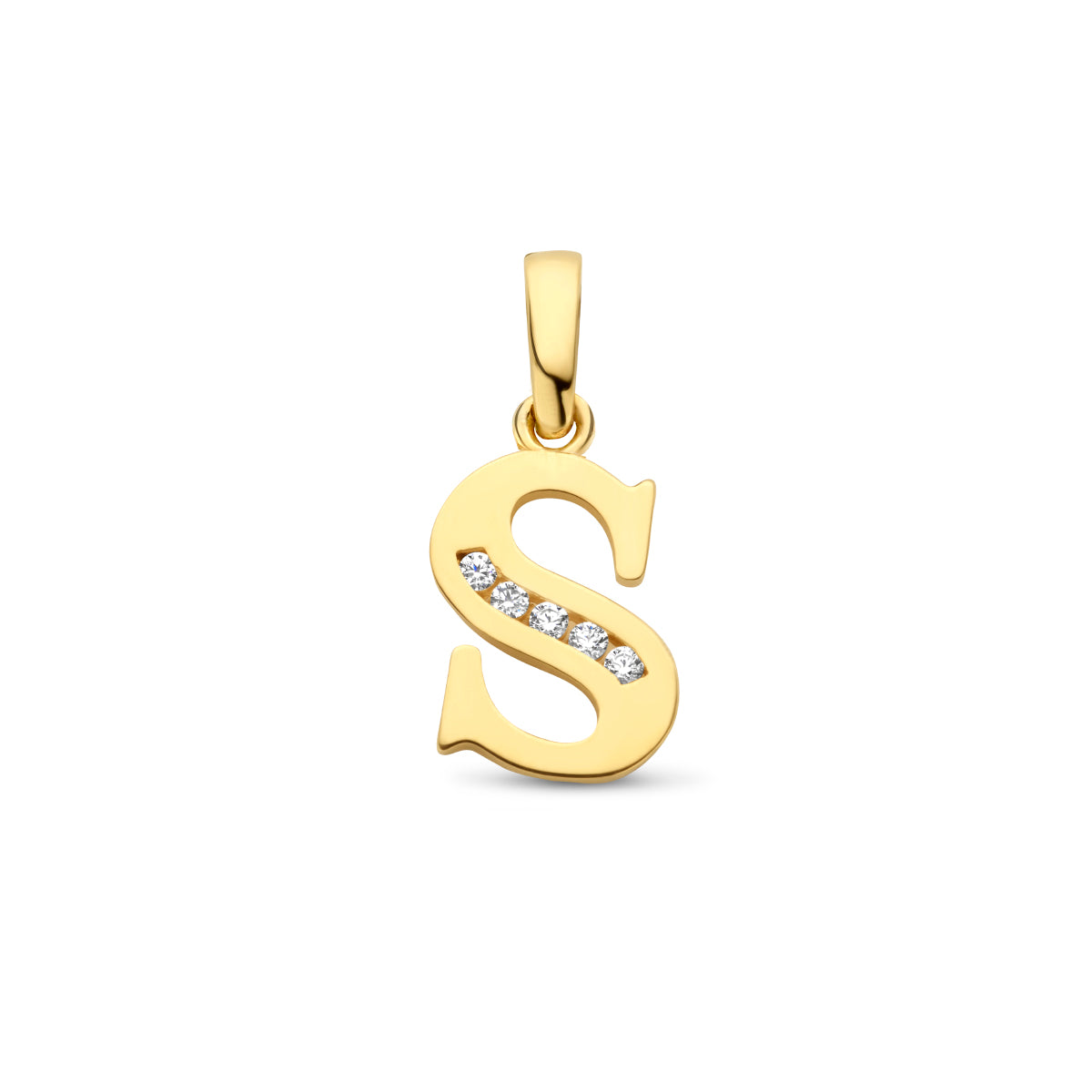 Vooraanzicht van de letterhanger goud van 14 karaat met zirkonia, letter S