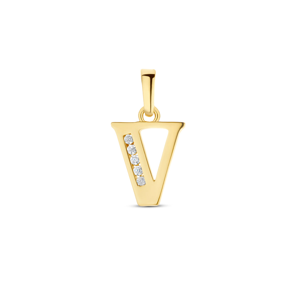 Vooraanzicht van de letterhanger goud van 14 karaat met zirkonia, letter V