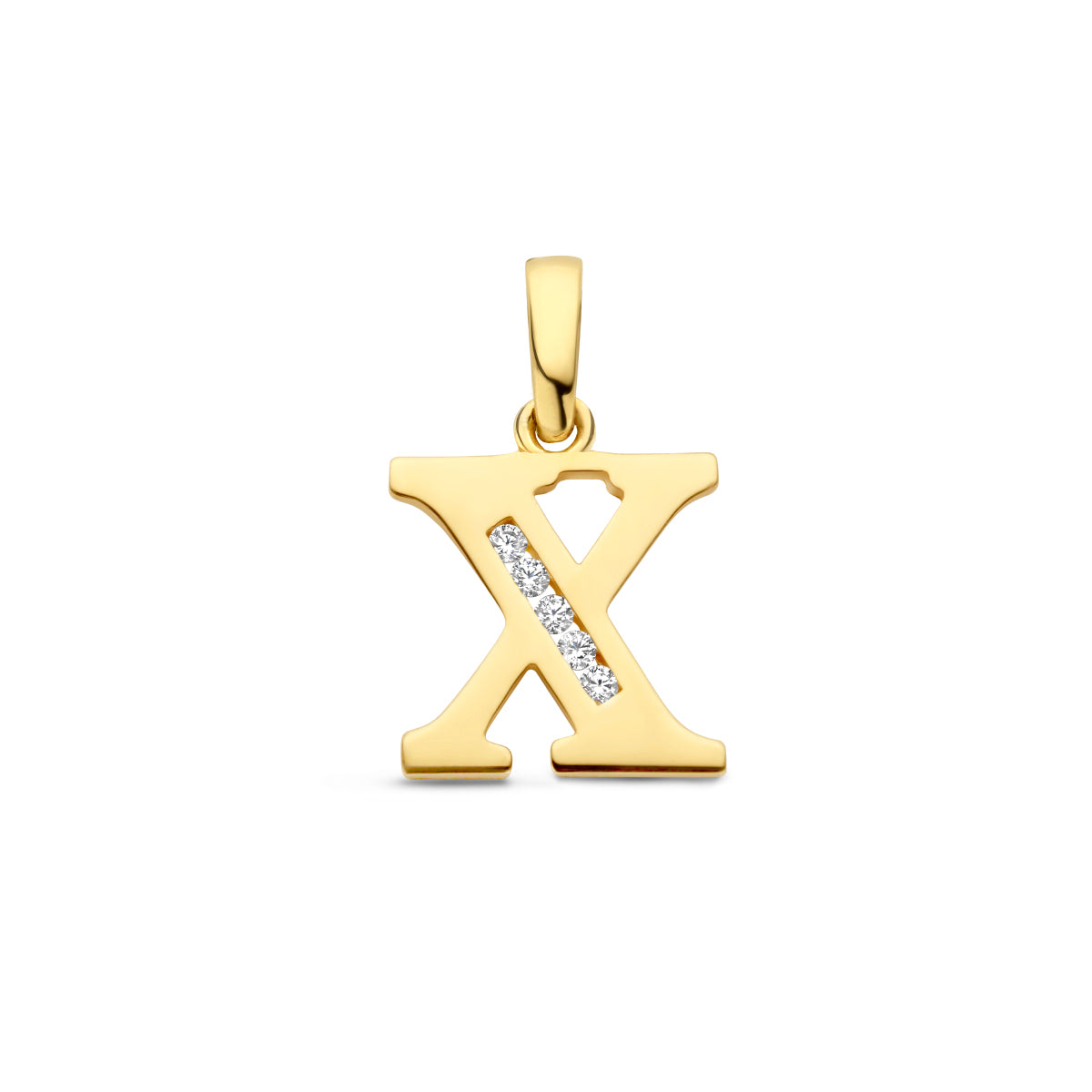 Vooraanzicht van de letterhanger goud van 14 karaat met zirkonia, letter X