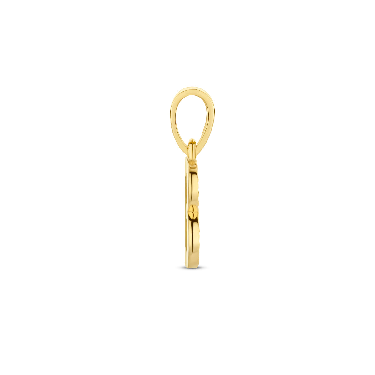 Zijaanzicht van de letterhanger goud van 14 karaat met zirkonia, letter B