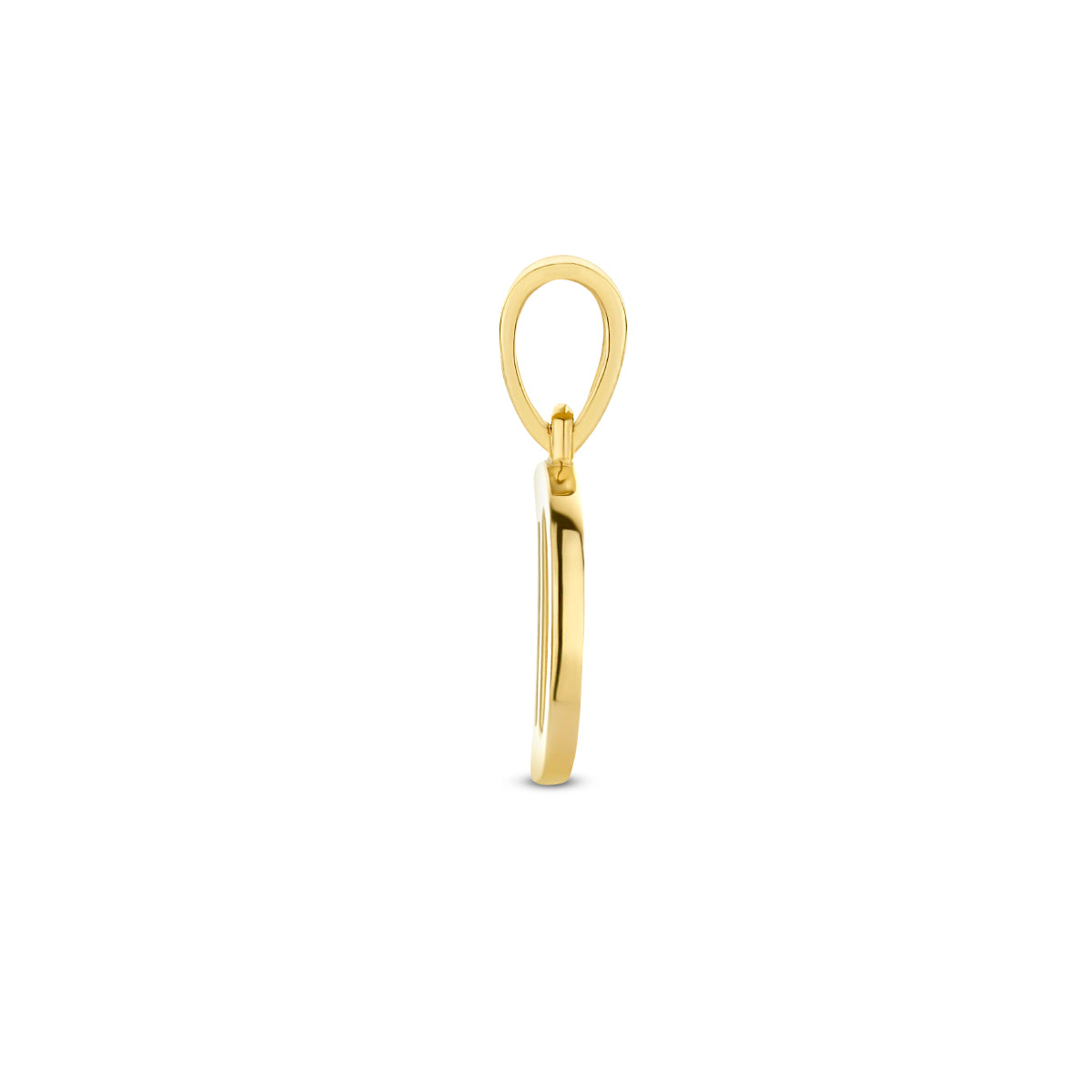 Zijaanzicht van de letterhanger goud van 14 karaat met zirkonia, letter D