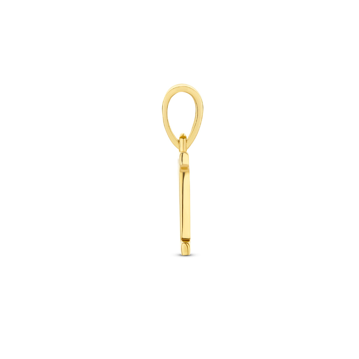 Zijaanzicht van de letterhanger goud van 14 karaat met zirkonia, letter M