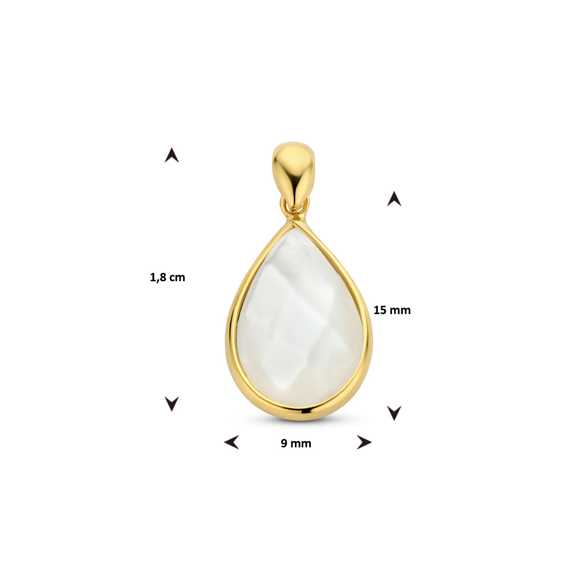 Afmetingen van de 14 karaat gouden hanger met parelmoer: 18 mm hoog inclusief oog