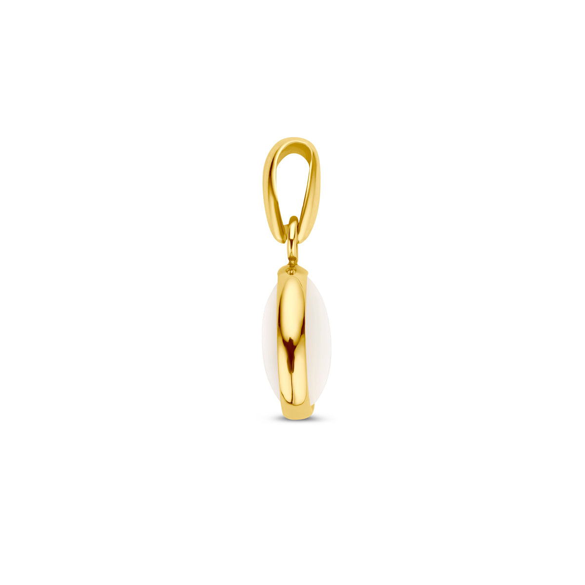 Zijaanzicht van de 14 karaat gouden hanger met parelmoer