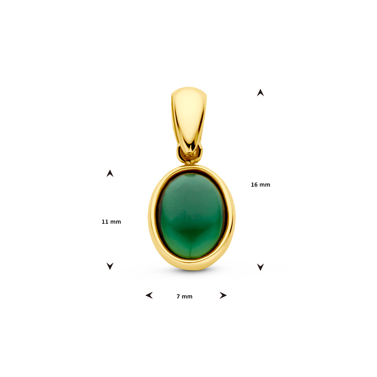 Afmetingen van de 14 karaat gouden hanger met groene toermalijn: 16 mm hoog inclusief oog
