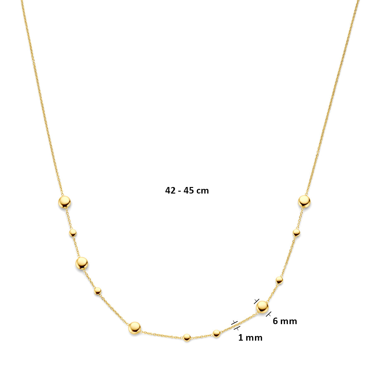 Afmetingen van de 14 karaat gouden schakelketting: 42 of 45 cm lang, schakel 1 mm