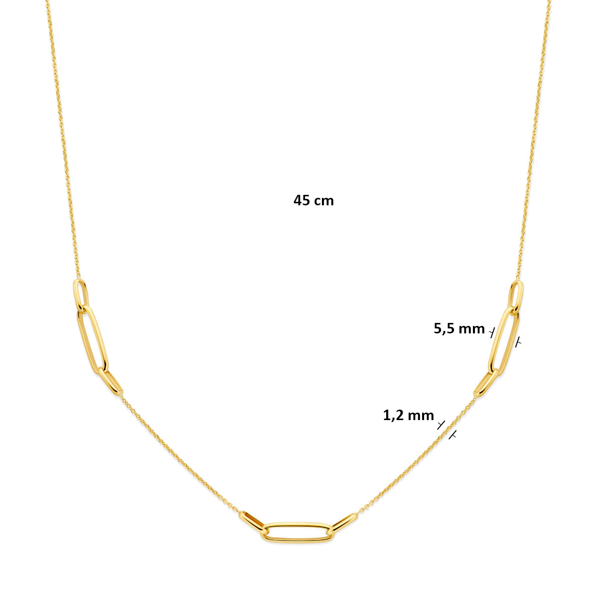 Afmetingen van de 14 karaat gouden schakelketting: 45 cm lang, schakel 1,2 mm