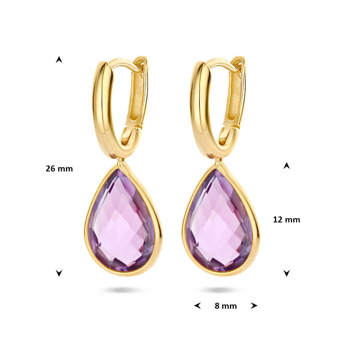 Afmetingen van de 14 karaat gouden klapoorringen met amethist (amethist oorbellen goud): 26 mm hoog