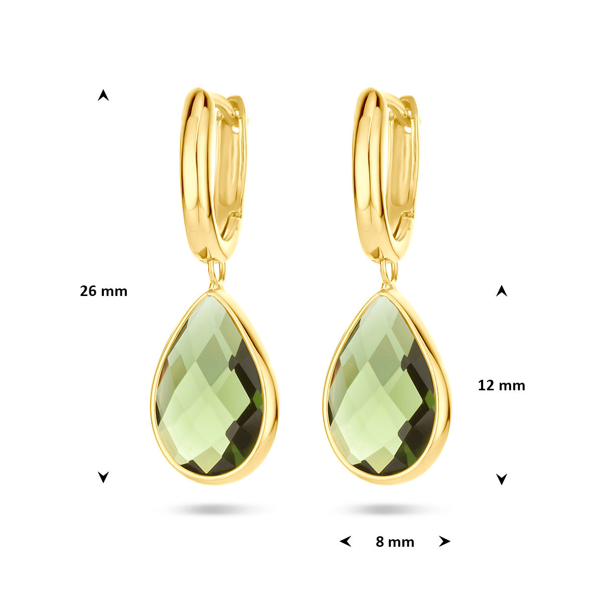 Afmetingen van de 14 karaat gouden klapoorringen met groene kwarts (edelsteen oorbellen): 26 mm hoog