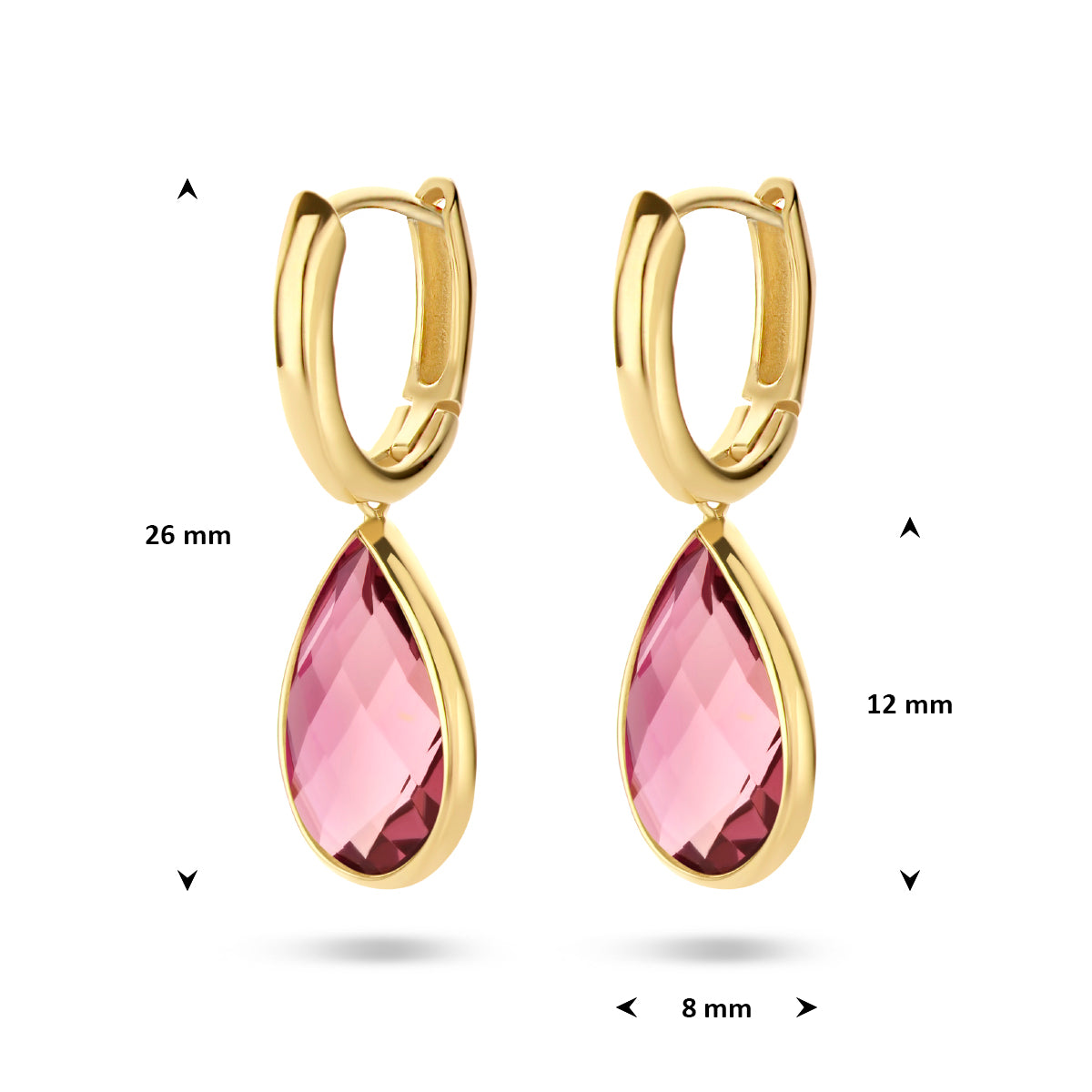 Afmetingen van de 14 karaat gouden klapoorringen met rhodoliet en kwarts (edelsteen oorbellen): 26 mm hoog