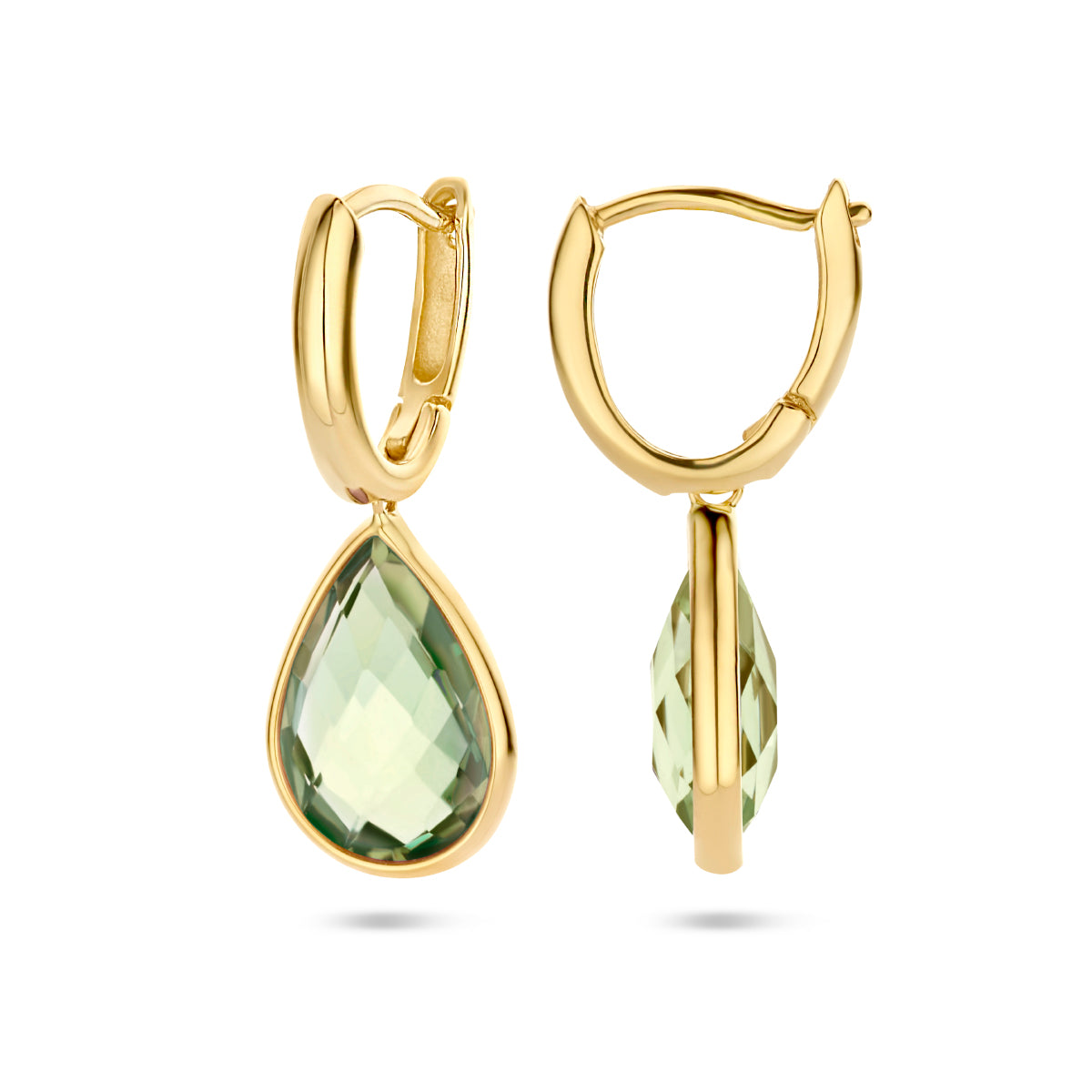 Zijaanzicht van de 14 karaat gouden klapoorringen met groene amethist (groene amethist oorbellen)
