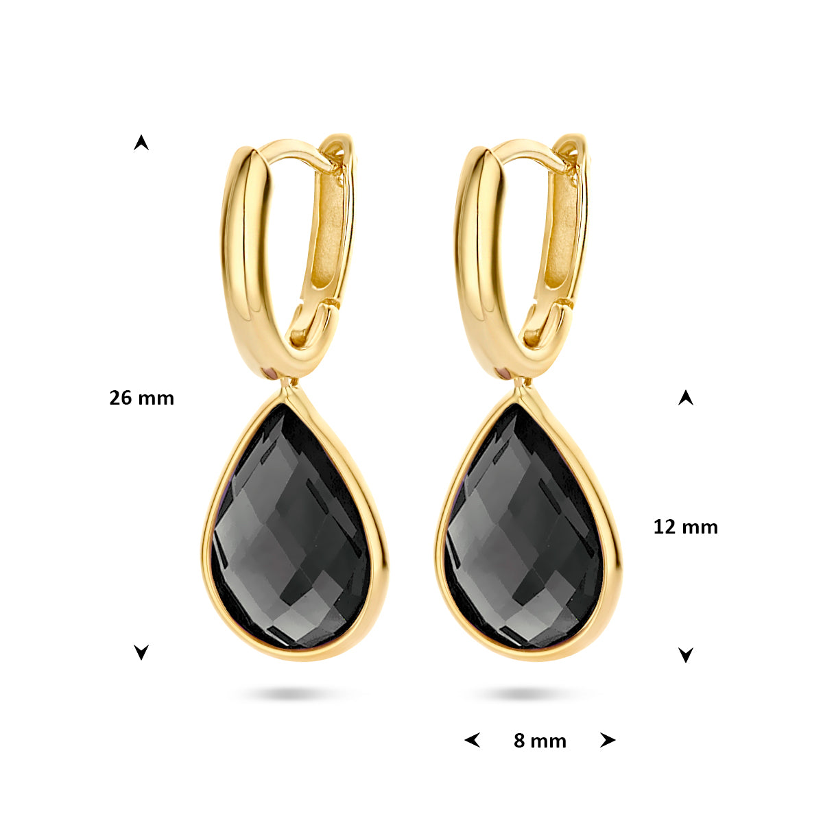 Afmetingen van de 14 karaat gouden klapoorringen met onyx (onyx oorbellen): 26 mm hoog