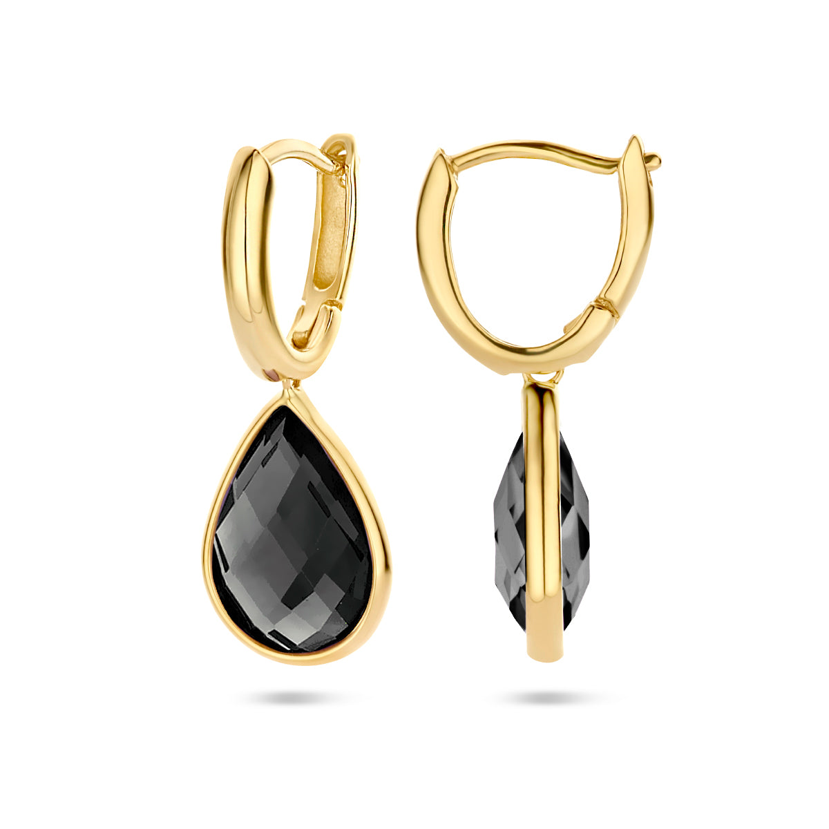 Zijaanzicht van de 14 karaat gouden klapoorringen met onyx (onyx oorbellen)
