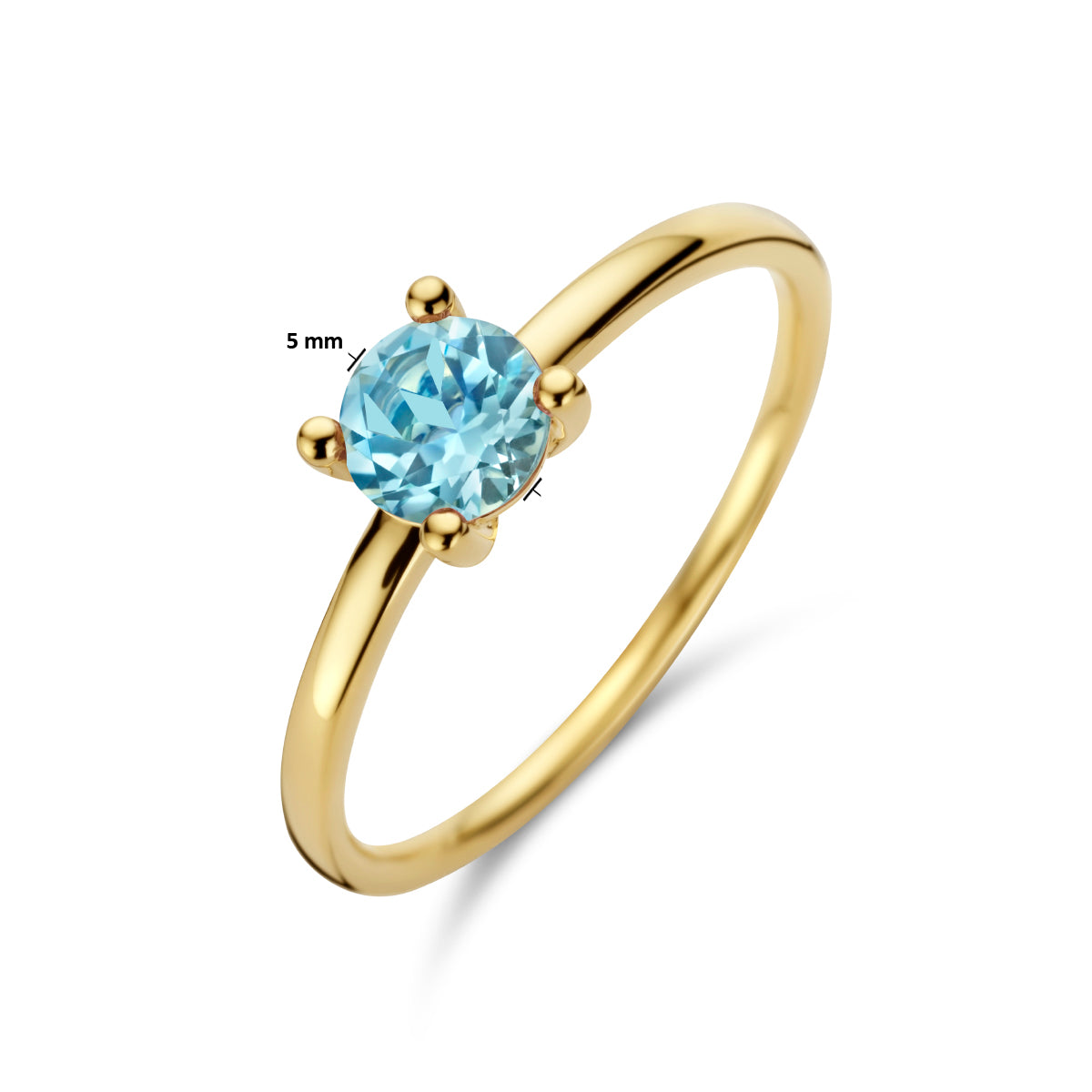 Afmetingen van de blauwe topaas ring in 14 karaat geelgoud: topaas 5 mm