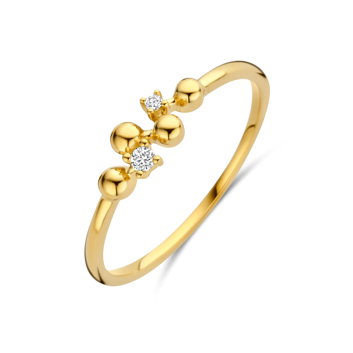 Schuin bovenaanzicht van de 14 karaat gouden ring met diamant 0,03 ct (gouden ring diamantje)
