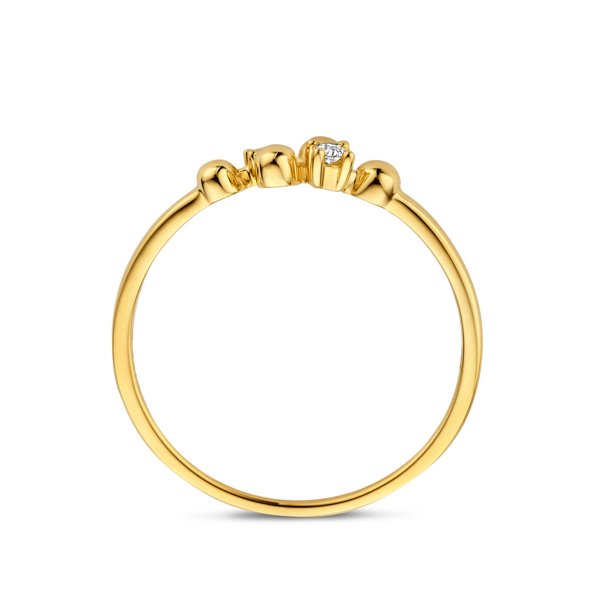 Zijaanzicht van de 14 karaat gouden ring met diamant 0,03 ct (gouden ring diamantje)