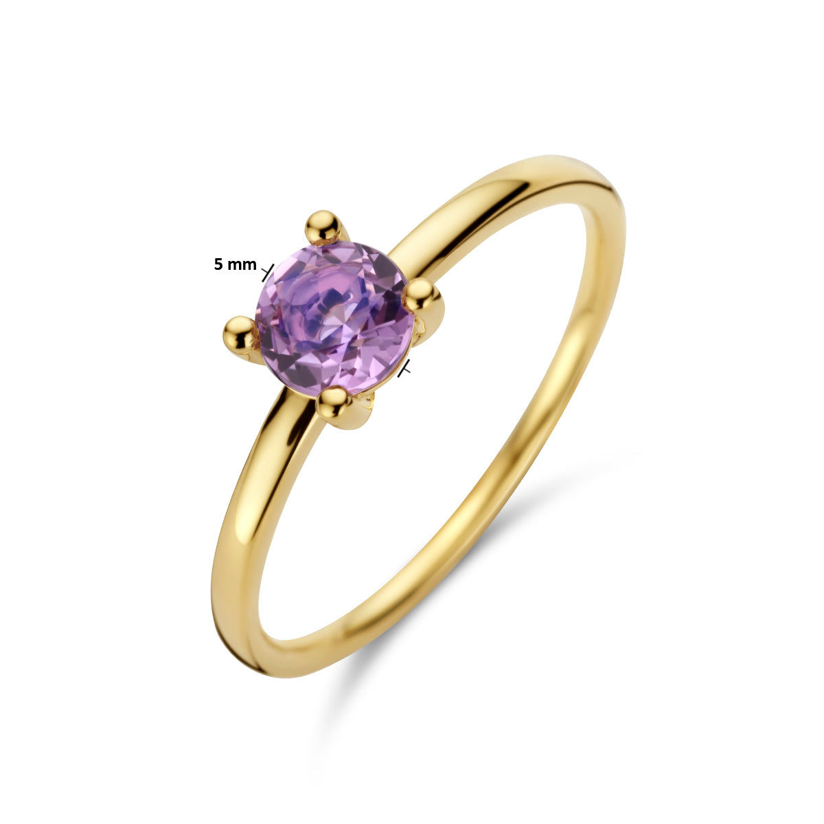 Afmetingen van de gouden ring met amethist van 14 karaat: amethist 5 mm
