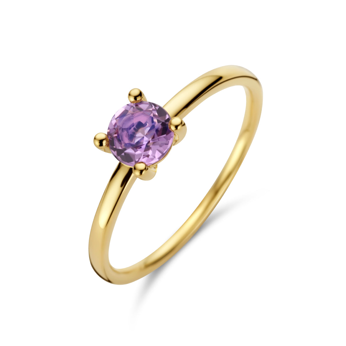 Schuin bovenaanzicht van de gouden ring met amethist van 14 karaat