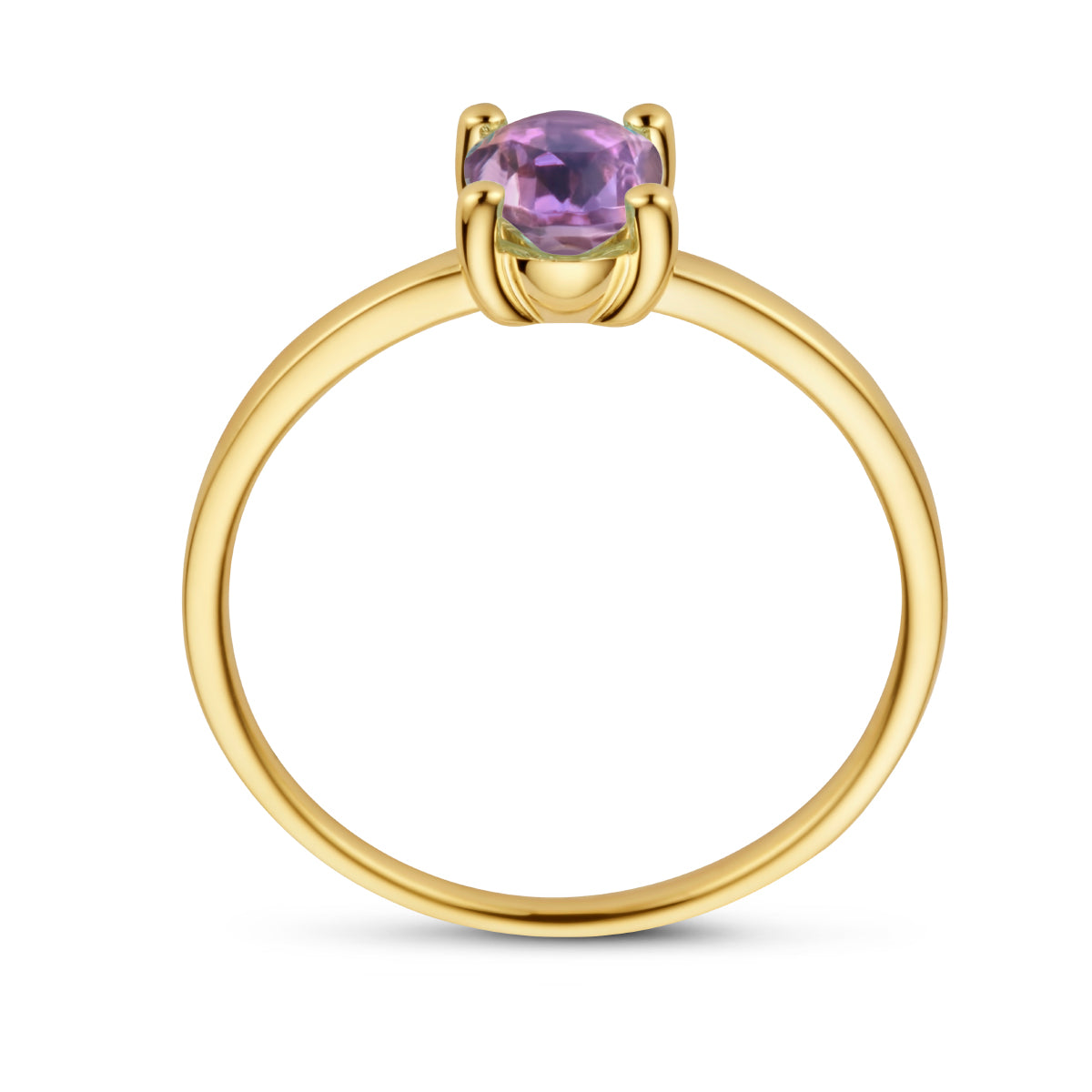 Zijaanzicht van de gouden ring met amethist van 14 karaat