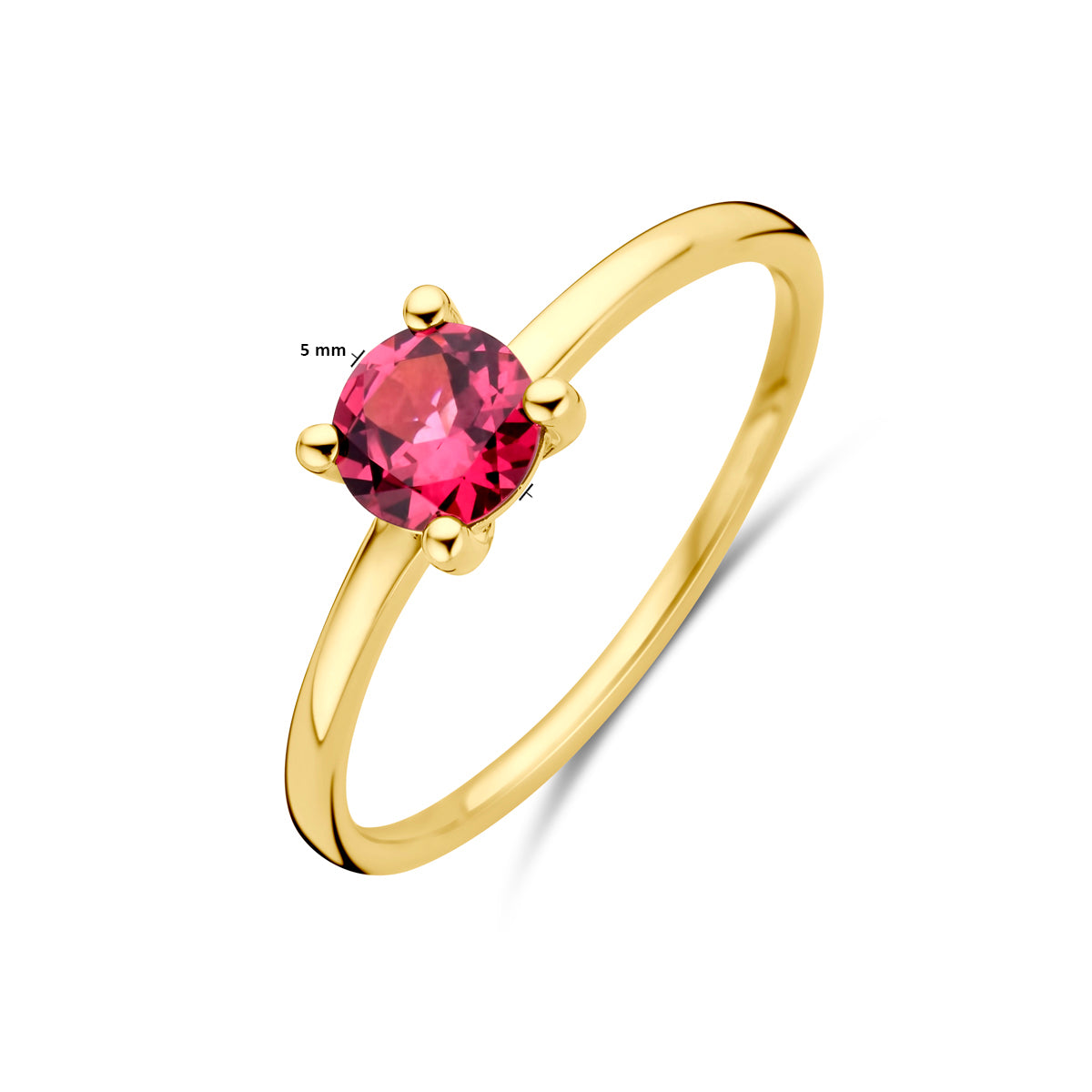 Afmetingen van de gouden ring met rhodoliet van 14 karaat: rhodoliet 5 mm