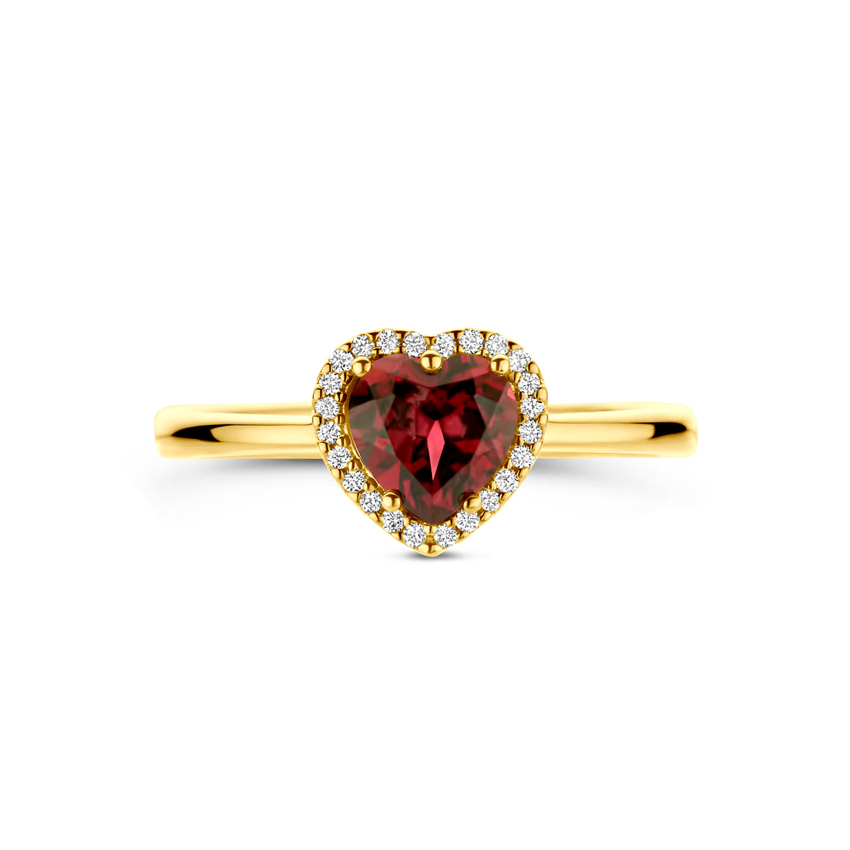 Bovenaanzicht van de 14 karaat gouden ring met rhodoliet hartje en diamant 0,06 ct (hartjes ring goud)