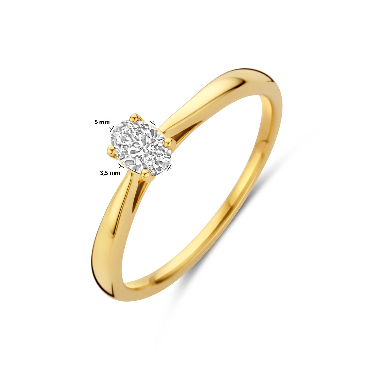 Afmetingen van de 14 karaat gouden ring met lab grown diamant 0,25 ct: steen 5 x 3,5 mm