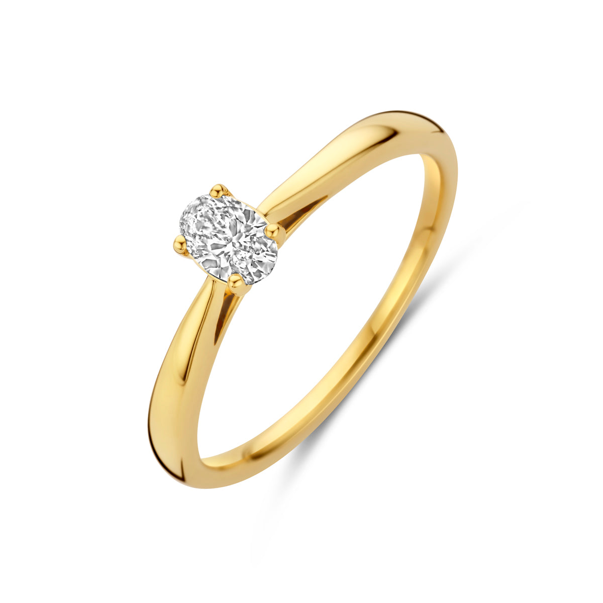 Schuin bovenaanzicht van de 14 karaat gouden ring met lab grown diamant 0,25 ct