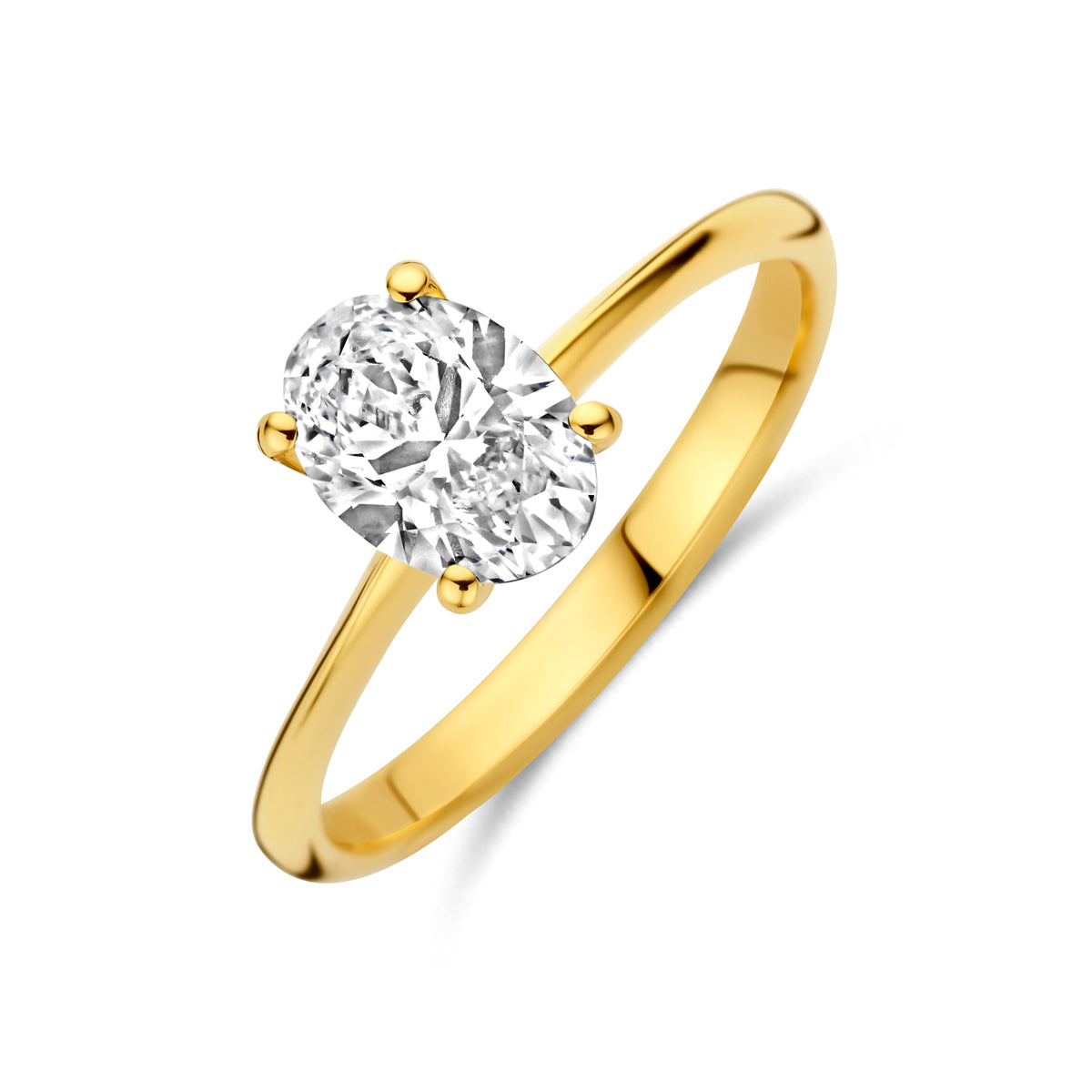 Schuin bovenaanzicht van de 14 karaat gouden ring met lab grown diamant 1,00 ct