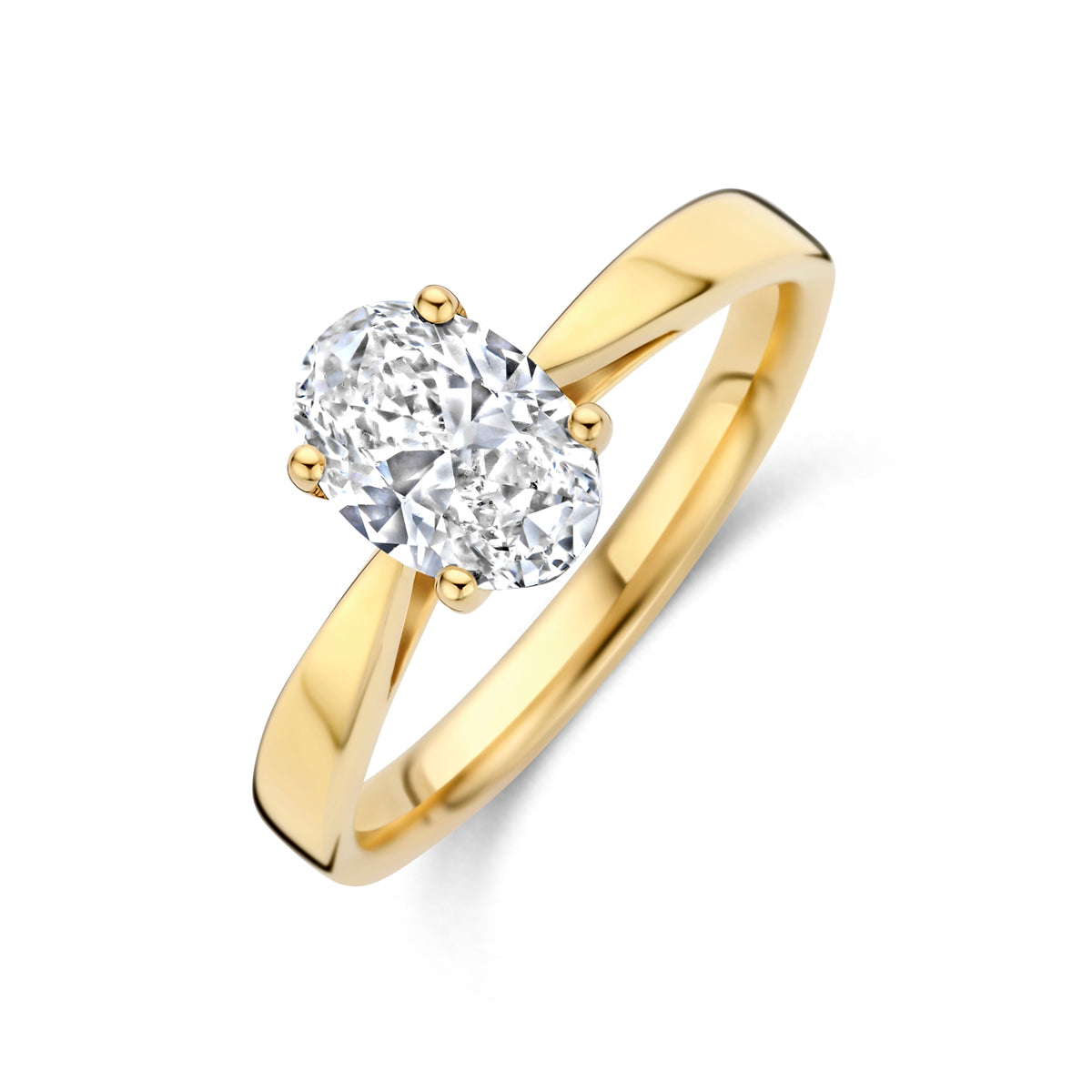 Schuin bovenaanzicht van de 14 karaat gouden ring met lab grown diamant 1,00 ct