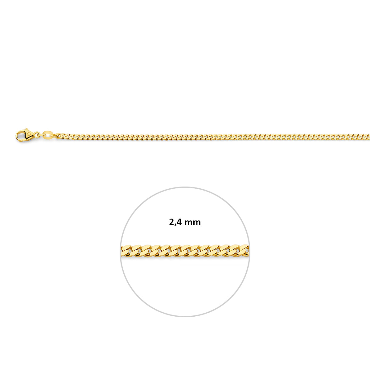 Gouden gourmet ketting heren: 14 karaat geelgouden 2-zijdig geslepen gourmette halsketting, met de schakelbreedte van 2,4 mm aangegeven