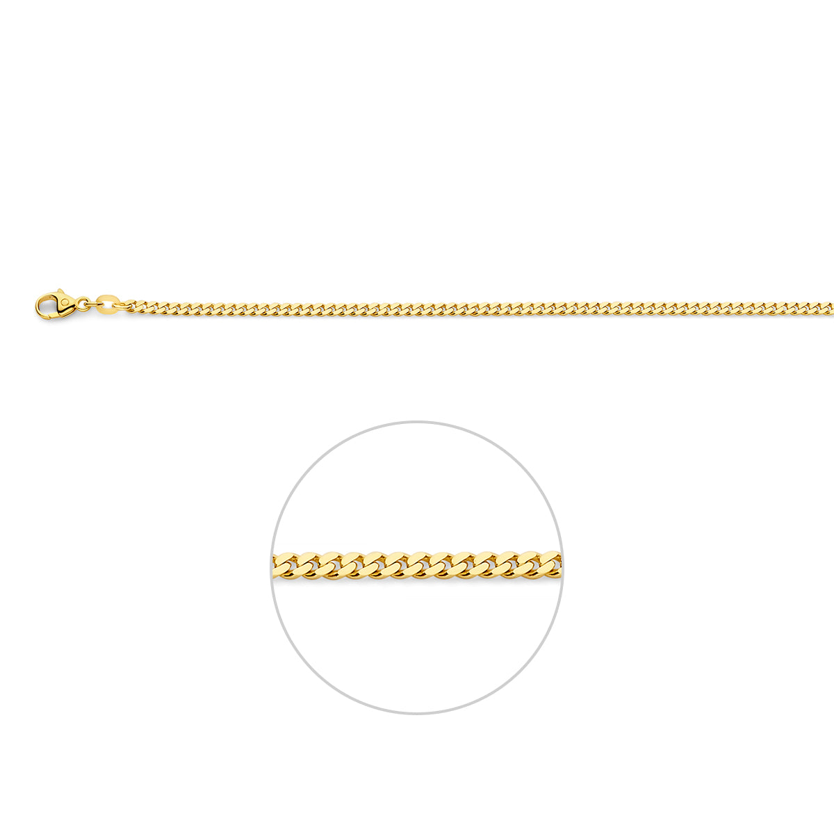 Gouden gourmet ketting heren: 14 karaat geelgouden 2-zijdig geslepen gourmette halsketting van 2,4 mm breed, vooraanzicht