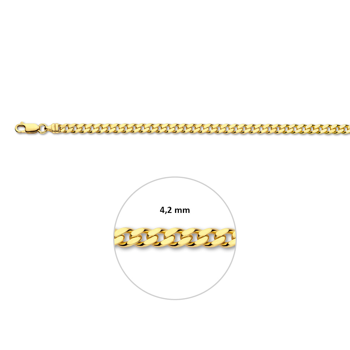 Gouden gourmet armband: 14 karaat geelgouden 4-zijdig geslepen gourmette armband, met de schakelbreedte van 4,2 mm aangegeven
