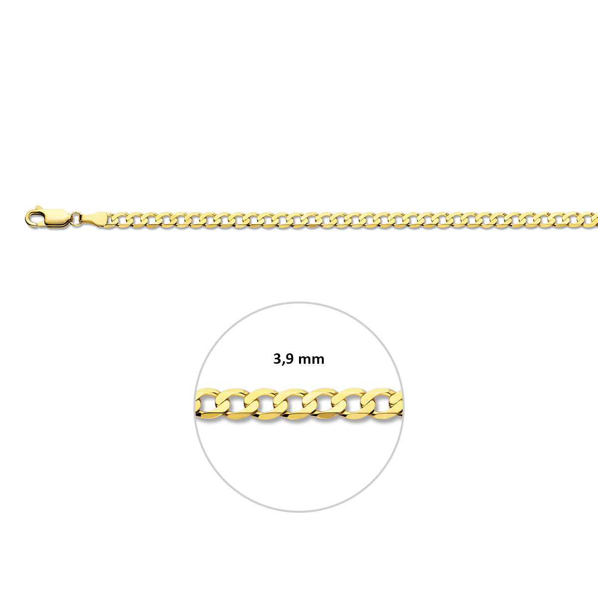 Gouden gourmet armband: 14 karaat geelgouden 6-zijdig geslepen gourmette armband, met de schakelbreedte van 3,9 mm aangegeven