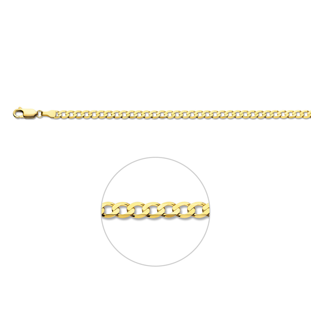 Gouden gourmet armband: 14 karaat geelgouden 6-zijdig geslepen gourmette armband van 3,9 mm breed, vooraanzicht