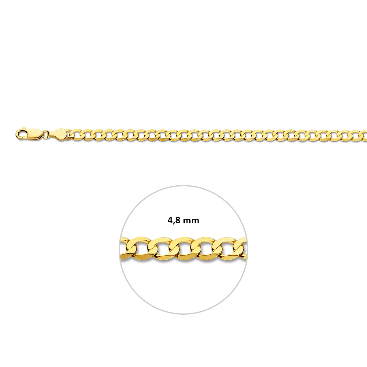Gouden gourmet armband: 14 karaat geelgouden 6-zijdig geslepen gourmette armband, met de schakelbreedte van 4,8 mm aangegeven
