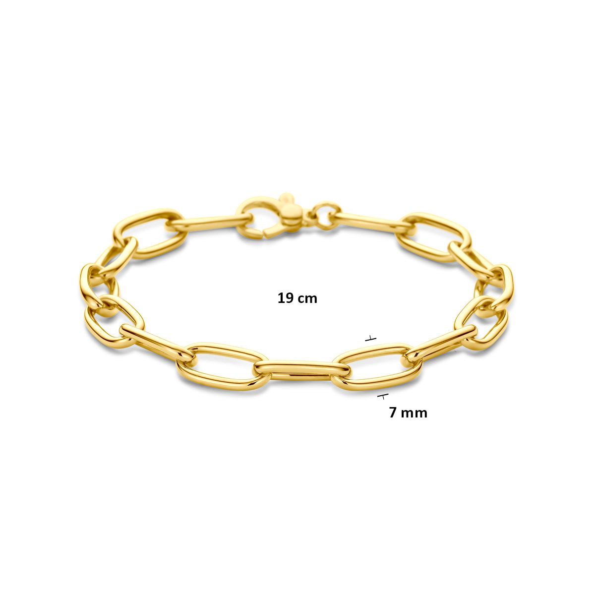 Gouden schakelarmband: afmetingen van de 14 karaat geelgouden armband, schakel van 7,0 mm breed en 19 cm lang.