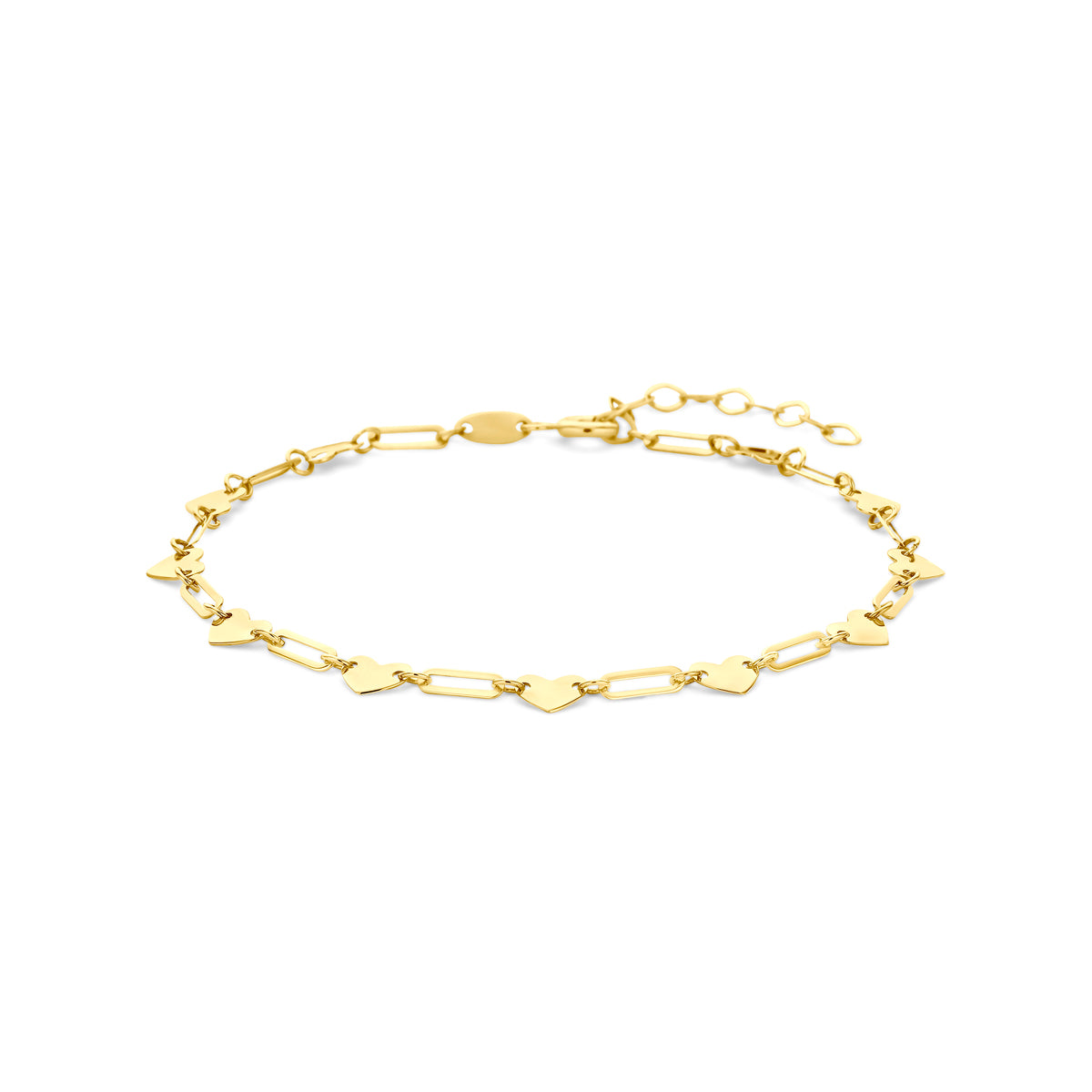 Vooraanzicht van de 14 karaat geelgouden armband met hartjes, 16 cm lang met verlengstuk tot 19 cm.