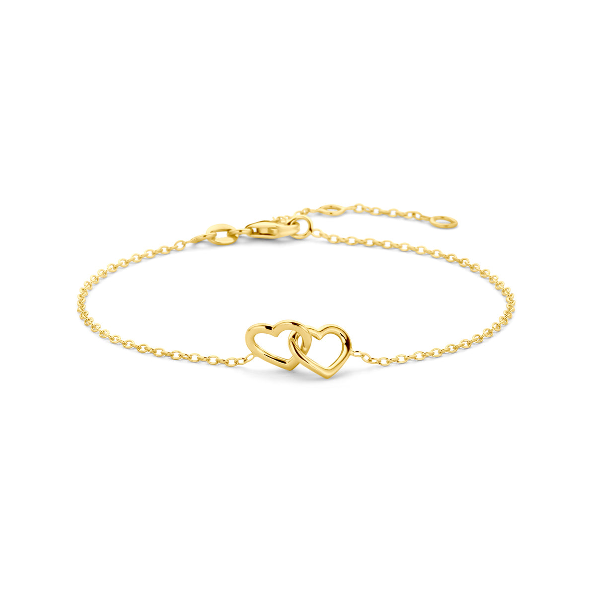 Vooraanzicht van de 14 karaat geelgouden armband met twee kleine hartjes, 7,5 mm hoog en 8 mm breed.