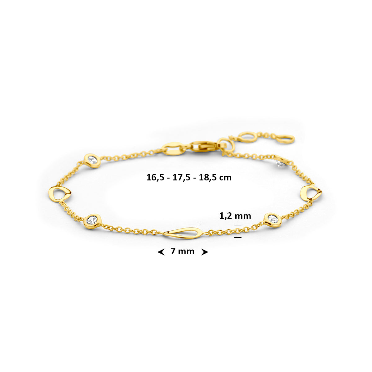 Armband met zirkonia: afmetingen van de 14 karaat geelgouden armband met zirkonia, lengte 16,5 - 17,5 - 18,5 cm (verstelbaar).